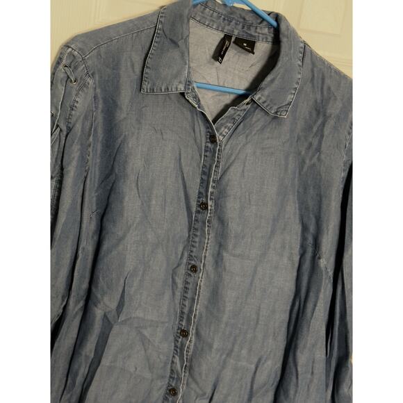 New Directions Curvy Blue Denim Look Button Up Long Sleeve Shirt, Lyocell, 1X - Picture 2 of 5